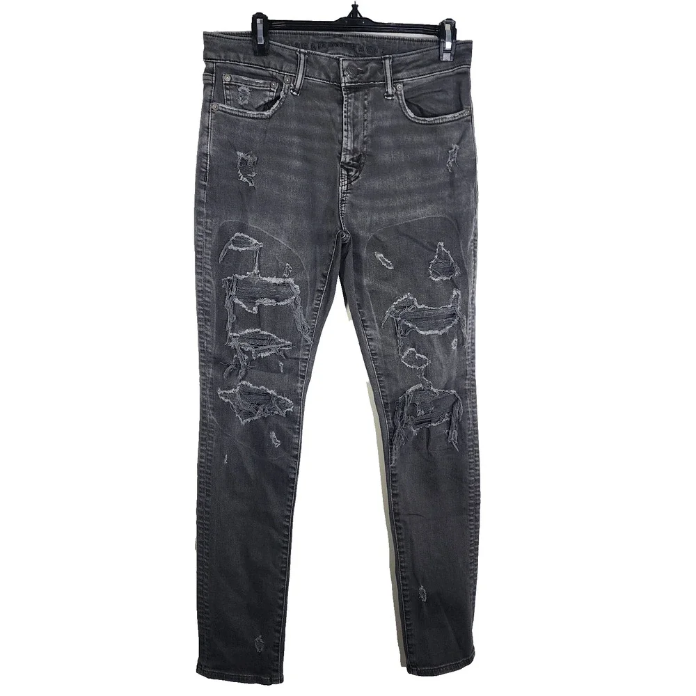 American Eagle Mens Jeans 31x32 Gray Athletic Skinny Airflex Distressed Denim